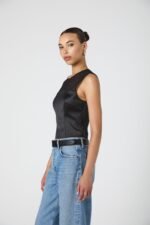 Sheer Panel Satin Sleeveless Top - Image 5