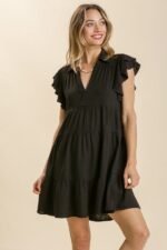 Umgee Black Linen Blend Tiered Dress with Ruffled Sleeves